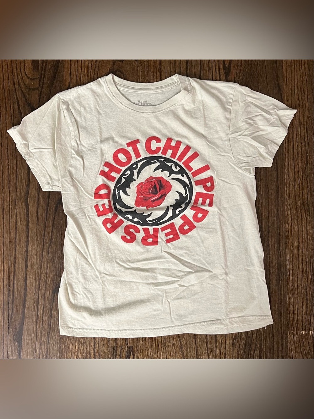 the Rolling Stones White Short Sleeve Tee with Red Rose Graphic